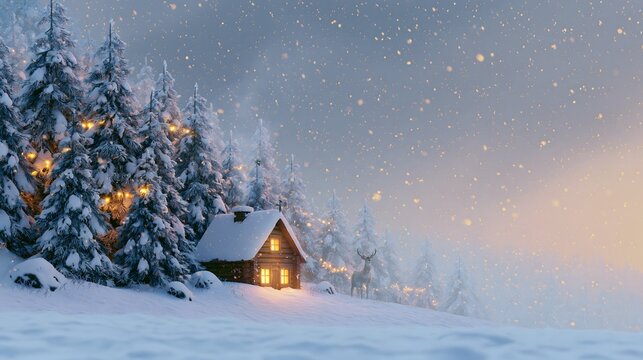 Snowy Christmas landscape featuring snow covered pine trees, glowing cabin windows, gentle snowfall and warm golden lights, peaceful winter atmosphere, cinematic commercial stock illustration, wide