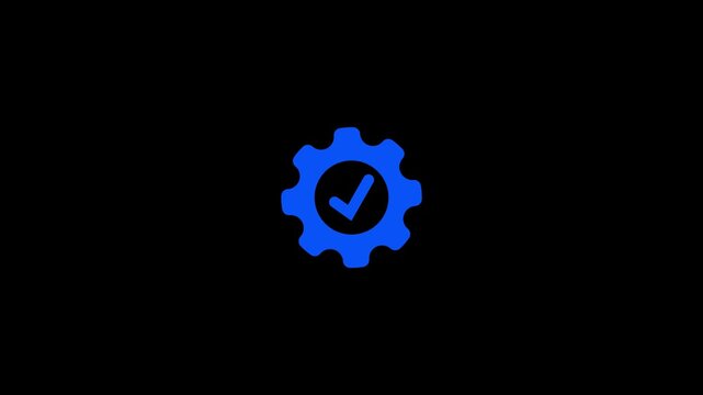 Seamless loop of glowing blue gear wheel with a checkmark symbol spinning for successful settings and configuration