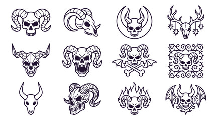 Fototapeta premium Elegant Black and White Ram Skull and Horns Tattoo Design Collection with Dark Thematic Variations