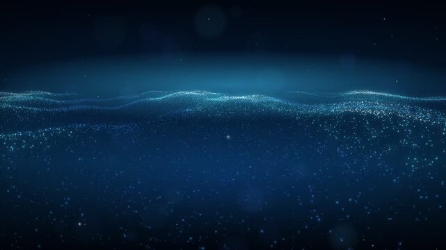 Abstract digital ocean waves made of glowing blue particles in a dark futuristic space