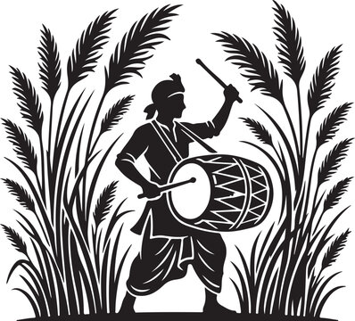 Silhouette of traditional drummer playing dhak in tall kash phul grass field for festival.