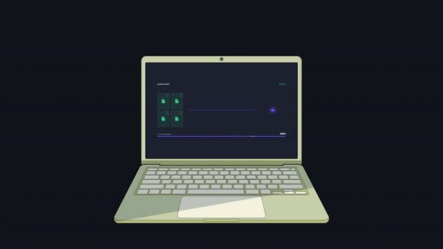 Premium motion graphic of a digital cloud synchronization process. A compact sync UI operates natively inside the laptop's inner screen, featuring sequential file transfers, a progressive connection l