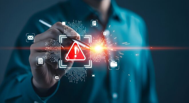 Cybersecurity Alert and System Error Detection with Businessman Pointing Stylus at Glowing Red Warning Icon and Digital Circuits, perfect for IT security and risk management.