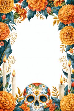 Hand-painted watercolor Dia de los Muertos composition featuring marigold flowers, colorful floral skull, candles, leaves and delicate folk-art ornaments, artistic seasonal stationery aesthetic,