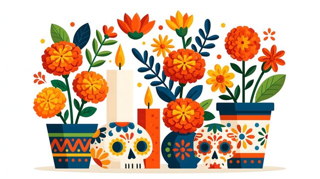 Contemporary flat vector Dia de los Muertos illustration featuring marigold flowers, decorative skull motifs, candles, colorful folk-art patterns and floral ornaments, clean geometric shapes, modern