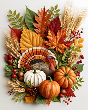 Thanksgiving paper cut illustration featuring layered autumn leaves, pumpkins, turkey, wheat and seasonal decorative elements, dimensional handcrafted artwork, sophisticated warm palette, clean