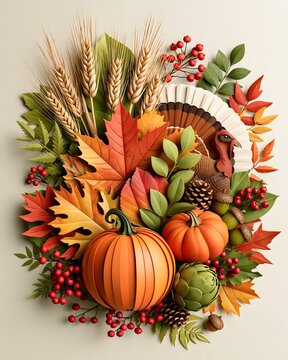 Thanksgiving paper cut illustration featuring layered autumn leaves, pumpkins, turkey, wheat and seasonal decorative elements, dimensional handcrafted artwork, sophisticated warm palette, clean