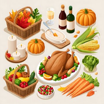 Isometric Thanksgiving celebration collection featuring turkey dinner, pumpkins, autumn leaves, candles, grocery basket and seasonal food, clean geometric arrangement, polished modern 3D