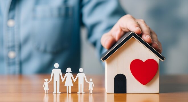 Secure Home Protection hand covering a wooden house model with a red heart icon next to paper family figures ideal for life insurance marketing and real estate investment brochures.