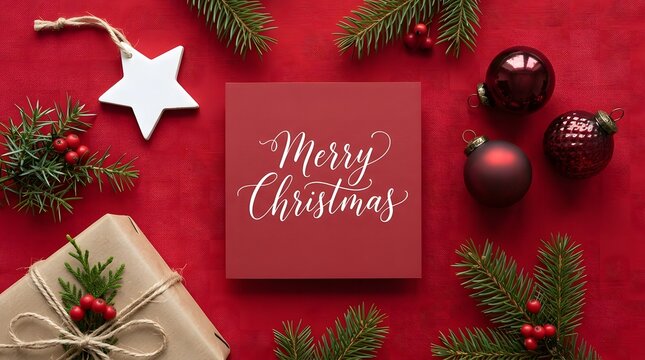 Festive christmas scene with gift ornaments and evergreen branches on a rich red background