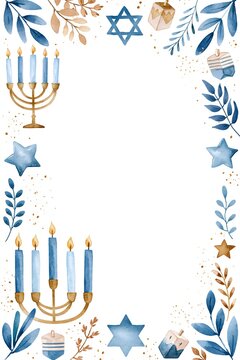 Watercolor Hanukkah greeting background featuring menorah, blue candles, stars, dreidels and delicate decorative foliage, refined hand painted aesthetic, soft festive colors, spacious area for