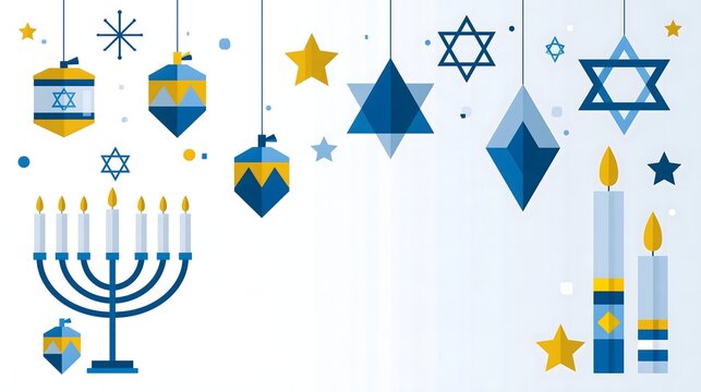 Contemporary flat vector Hanukkah illustration featuring menorah, dreidels, candles, stars and blue and gold geometric ornaments, clean geometric shapes, modern cultural holiday design, balanced