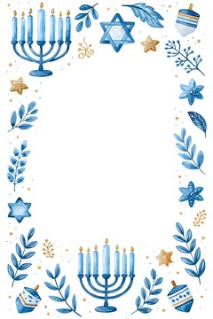Watercolor Hanukkah greeting background featuring menorah, blue candles, stars, dreidels and delicate decorative foliage, refined hand painted aesthetic, soft festive colors, spacious area for