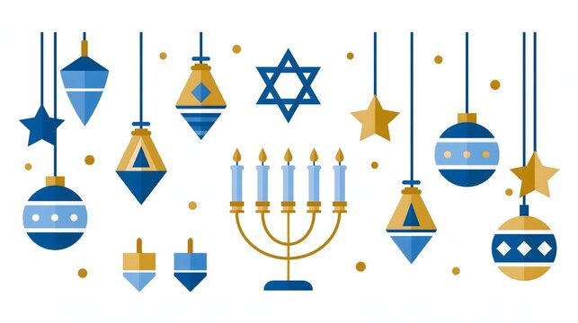 Contemporary flat vector Hanukkah illustration featuring menorah, dreidels, candles, stars and blue and gold geometric ornaments, clean geometric shapes, modern cultural holiday design, balanced