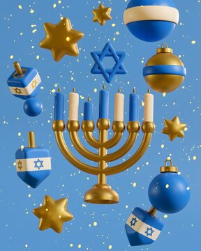 Modern Hanukkah social media background featuring floating 3D menorah, dreidels, stars, blue and gold ornaments and glowing particles, dynamic premium composition, clean negative space for