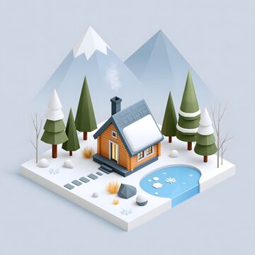 Isometric winter landscape with snowy cabin, pine trees, frozen pond, mountain backdrop and small winter elements, clean modern 3D commercial illustration