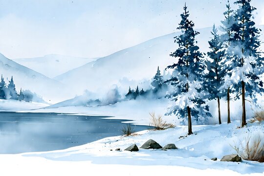 Watercolor winter landscape with snow-covered pine trees, distant mountains, frozen lake and pale winter sky, artistic seasonal illustration with refined commercial appeal