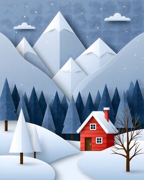 Paper cut winter landscape with layered snowy mountains, pine forest, winter cabin and falling snow, dimensional handcrafted aesthetic, clean seasonal background