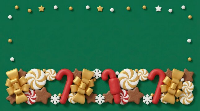 Festive christmas border made of assorted holiday cookies and candy canes on a dark green background