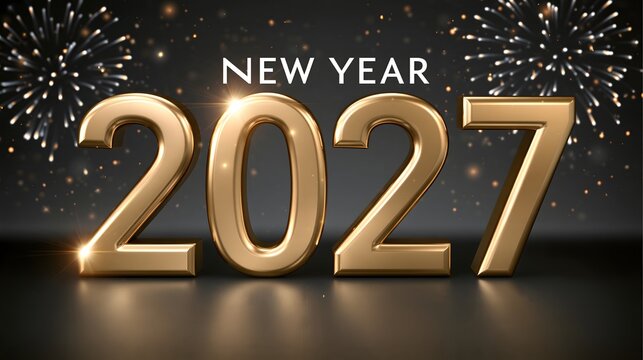 Elegant New Year 2027 celebration with large golden 2027 numbers, sparkling lights, subtle fireworks and luxurious dark background, sophisticated premium commercial composition
