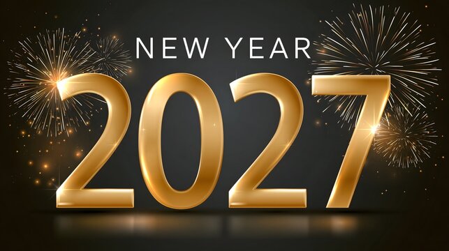 Elegant New Year 2027 celebration with large golden 2027 numbers, sparkling lights, subtle fireworks and luxurious dark background, sophisticated premium commercial composition