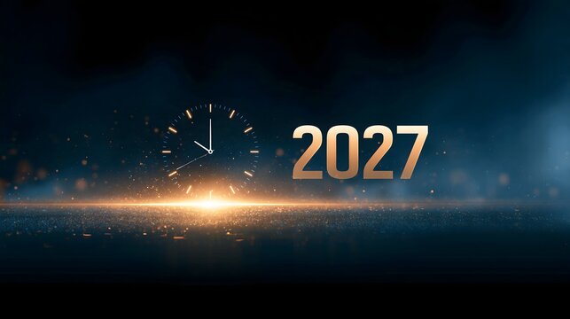 Countdown to 2027 concept with elegant digital clock approaching midnight, glowing golden light, abstract particles and dramatic dark blue atmosphere, modern commercial design