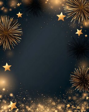 New Year 2027 greeting card background with elegant golden stars, fireworks, soft glowing particles and large clean central space for graphic design, premium festive aesthetic