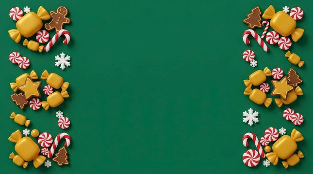 Festive christmas background with gingerbread cookies and peppermint candies arranged on a dark green surface with copy space
