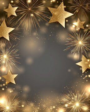 New Year 2027 greeting card background with elegant golden stars, fireworks, soft glowing particles and large clean central space for graphic design, premium festive aesthetic