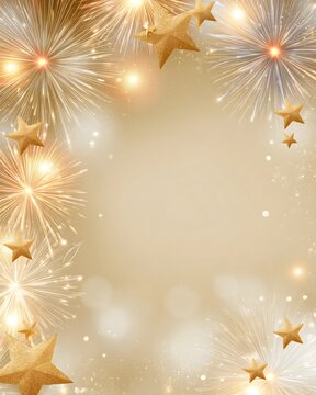 New Year 2027 greeting card background with elegant golden stars, fireworks, soft glowing particles and large clean central space for graphic design, premium festive aesthetic