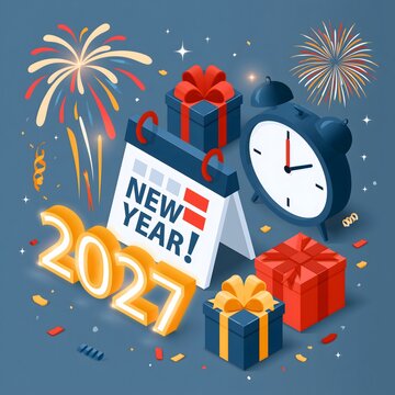 Isometric 3D New Year 2027 celebration scene with calendar, clock, fireworks, gift boxes, confetti and glowing numbers, clean contemporary business illustration