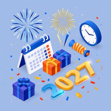 Isometric 3D New Year 2027 celebration scene with calendar, clock, fireworks, gift boxes, confetti and glowing numbers, clean contemporary business illustration