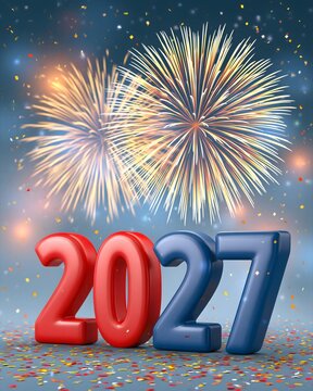 Modern New Year 2027 social media advertising concept with large 3D numerals, dynamic fireworks, floating confetti and vibrant luminous background, bold commercial campaign composition