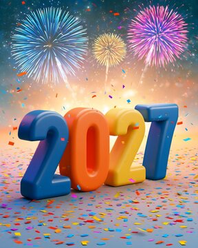 Modern New Year 2027 social media advertising concept with large 3D numerals, dynamic fireworks, floating confetti and vibrant luminous background, bold commercial campaign composition