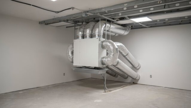 Modern mechanical HVAC ventilation system with insulated flexible ductwork installed on a ceiling
