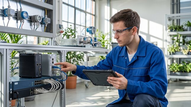 Edge Computing Engineer Monitoring Local Data Processing Gateway in Smart Facility &ndash; Edge Technology, IoT Network and Real-Time Computing Infrastructure