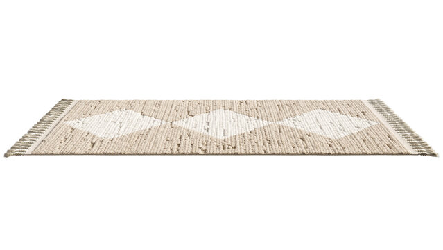 Beige polypropylene rug with stacked diamond high-low texture and long tassel fringe, shown as a 3D render and visualization for modern and bohemian interiors.