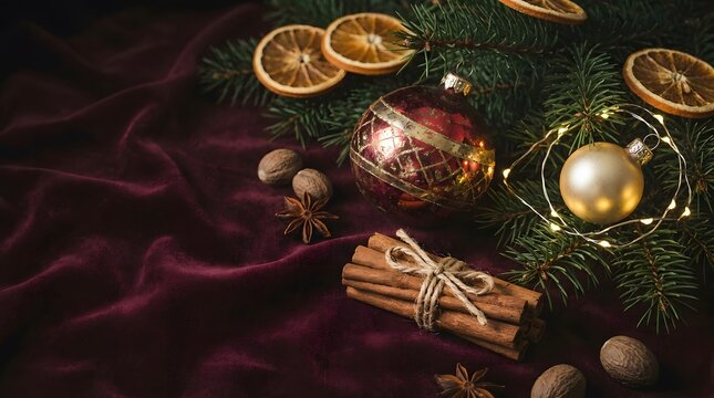 A festive and luxurious still life composition featuring citrus fruits and elegant shimmering ornaments