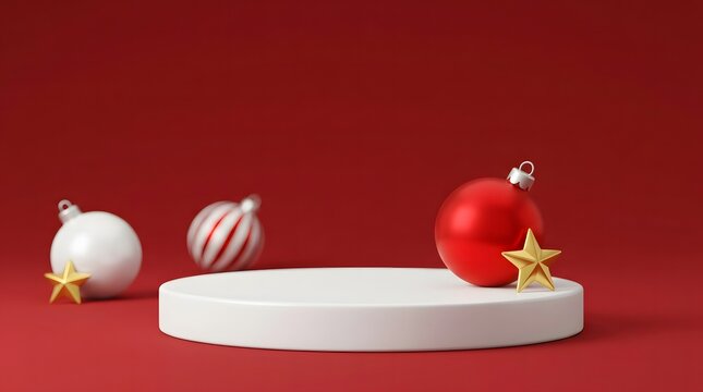 A festive christmas scene with a product display podium ornaments and a vibrant red background
