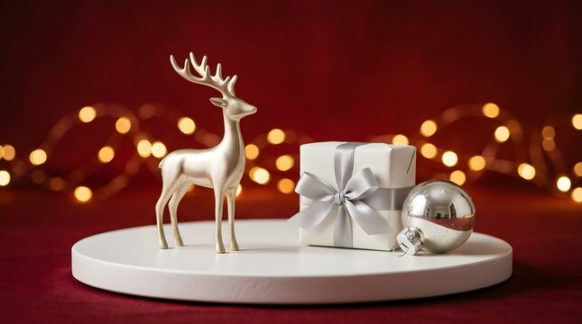 A festive christmas scene featuring a silver reindeer ornaments and a warm glowing background