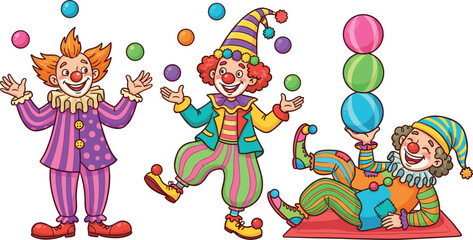 Fototapeta premium Cute Circus Clown Cartoon Character Set with Various Poses Juggling Balls and Balancing on Mat for Kids Birthday Party Carnival Graphic Designs