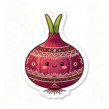 Cute kawaii red onion character sticker vector illustration with ethnic tribal pattern motif isolated on white background for creative design element