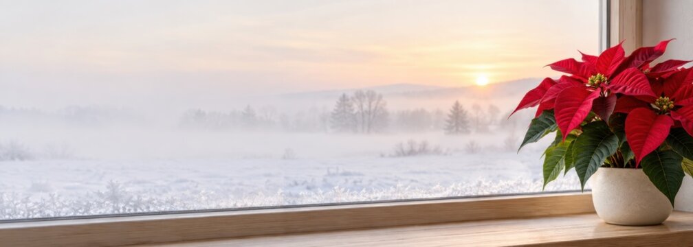 Red Poinsettia by a Window Overlooking a Snowy Winter Sunrise with Panoramic Copy Space
