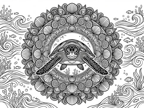 Intricate sea turtle swimming through ocean currents surrounded by a shell mandala pattern for creative coloring activities and peaceful artistic relaxation designs for adults and children to