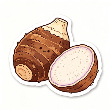 Cute taro root mascot sticker vector illustration with smiling face and sliced half bulb isolated on white background for food menu design element