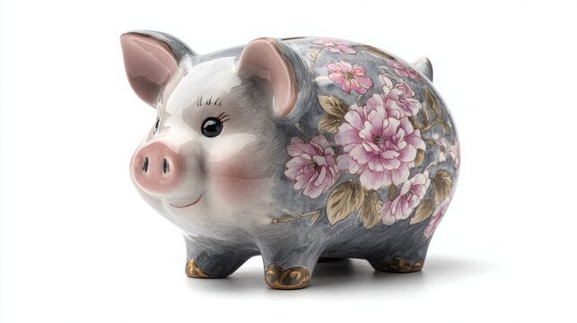 Ceramic piggy bank with floral pattern isolated on white background for financial savings concept