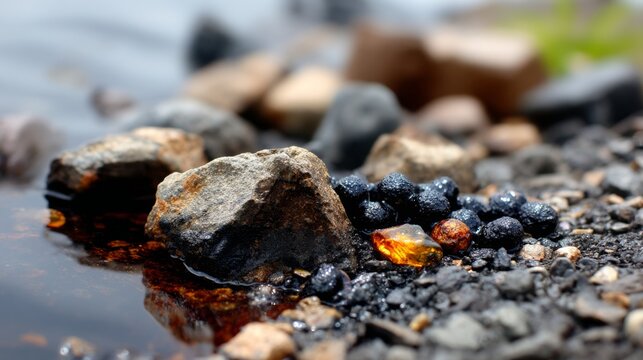 Ominous Pollution: Tar Balls on Polluted Beach with Rocky Outcrop - Environmental Crisis Concept with Softbox Lighting and Tilt-Shift POV Shot