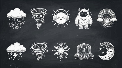Fototapeta premium Chalkstyle illustrations of ten varied weather icons arranged in two rows on a dark chalkboard background