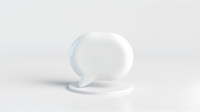 White speech bubble stands on platform. Minimalist rendering, clean design, studio lighting, simple composition. Focus is communication symbol.