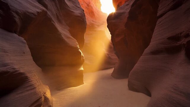 Cinematic Golden Light Shaft Cutting Through a Narrow Desert Slot Canyon at Sunset, High Quality 1080p Motion Background